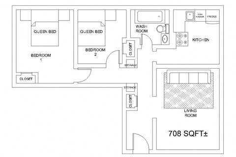 Floor plan for 2 beds, 1 bath, 708 sqft