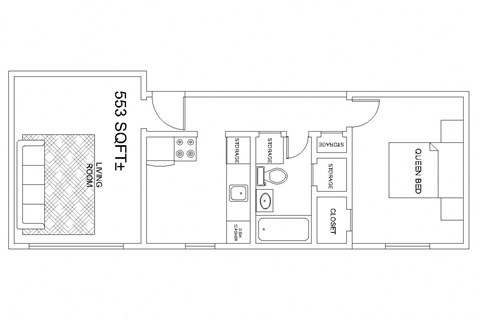 Floor plan for 1 bed, 1 bath, 553 sqft