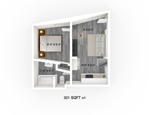 Floor plan for 1 bed, 1 bath, 251 sqft