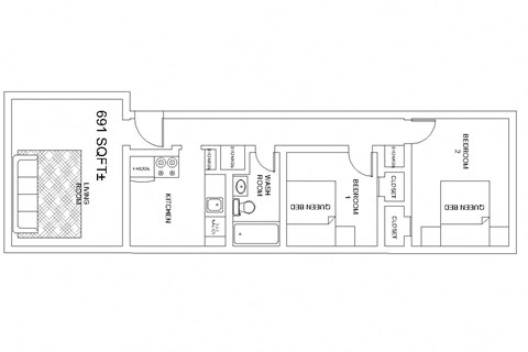 Floor plan for 2 beds, 1 bath, 708 sqft