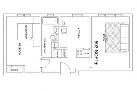 Floor plan for 1 bed, 1 bath, 593 sqft