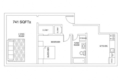Floor plan for 1 bed, 1 bath, 593 sqft