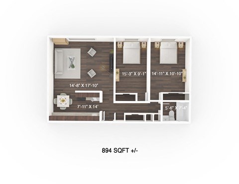 Floor plan for 2 beds, 1 bath, 683 sqft