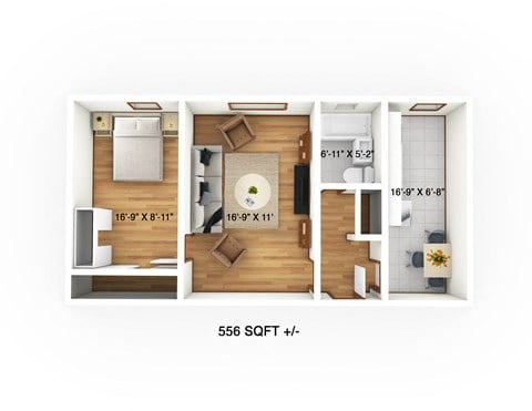 Floor plan for 1 bed, 1 bath, 556 sqft
