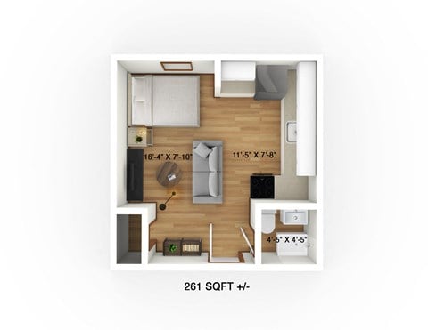 Floor plan for studio, 1 bath, 261 sqft