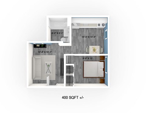 Floor plan for 1 bed, 1 bath, 400 sqft