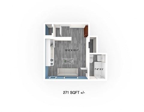Floor plan for studio, 1 bath, 296 sqft