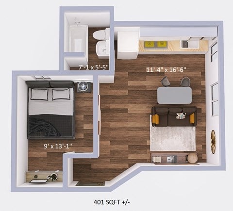 Floor plan for 1 bed, 1 bath, 401 sqft