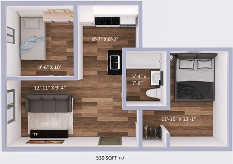 Floor plan for 2 beds, 1 bath, 530 sqft