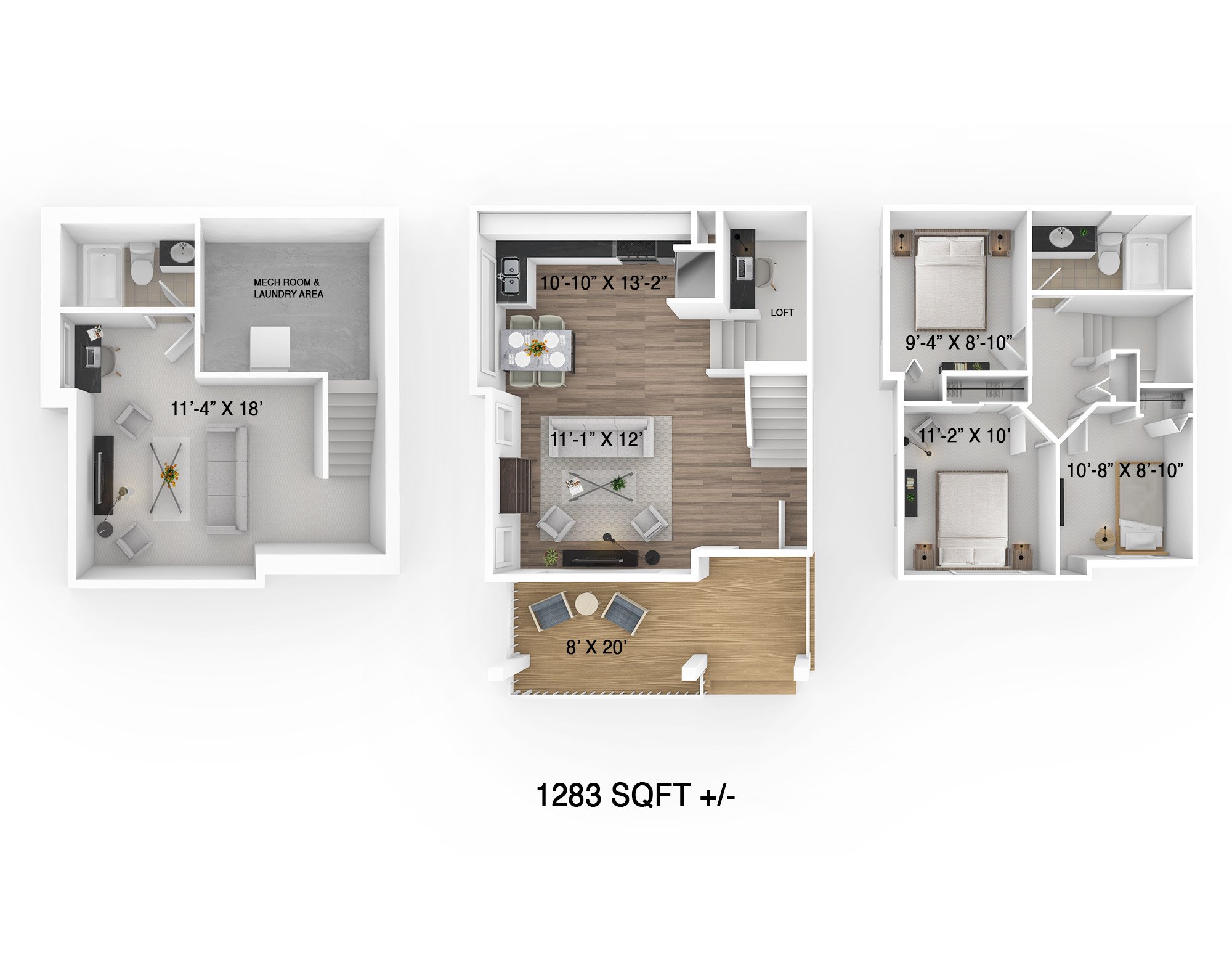 Floor plan for 3 beds, 2 baths, 1283 sqft