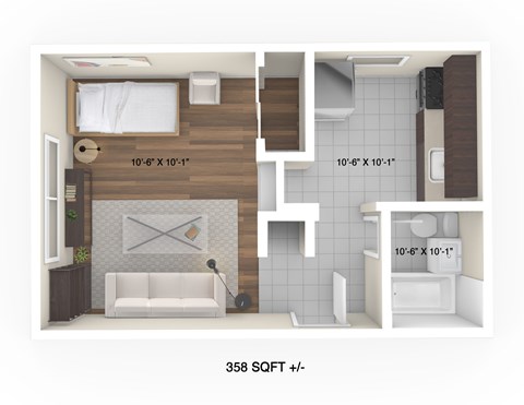 Floor plan for studio, 1 bath, 358 sqft