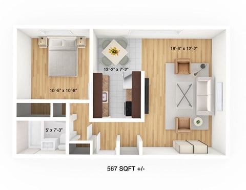 Floor plan for 1 bed, 1 bath, 567 sqft
