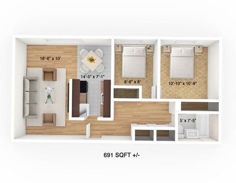 Floor plan for 2 beds, 1 bath, 691 sqft