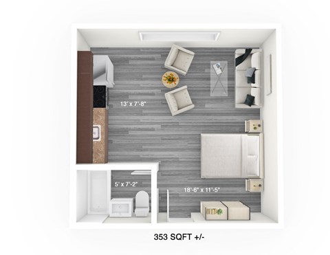 Floor plan for studio, 1 bath, 353 sqft