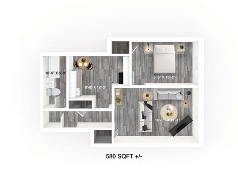 Floor plan for 1 bed, 1 bath, 580 sqft