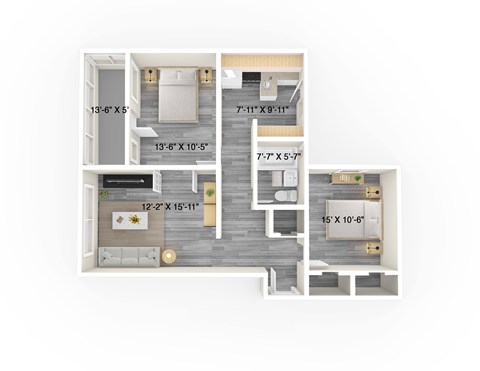 Floor plan for 2 beds, 1 bath, 864 sqft