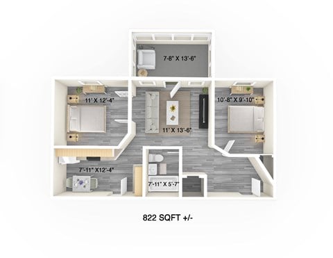 Floor plan for 2 beds, 1 bath, 822 sqft