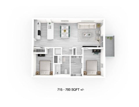 Floor plan for 2 beds, 1 bath, 793 sqft