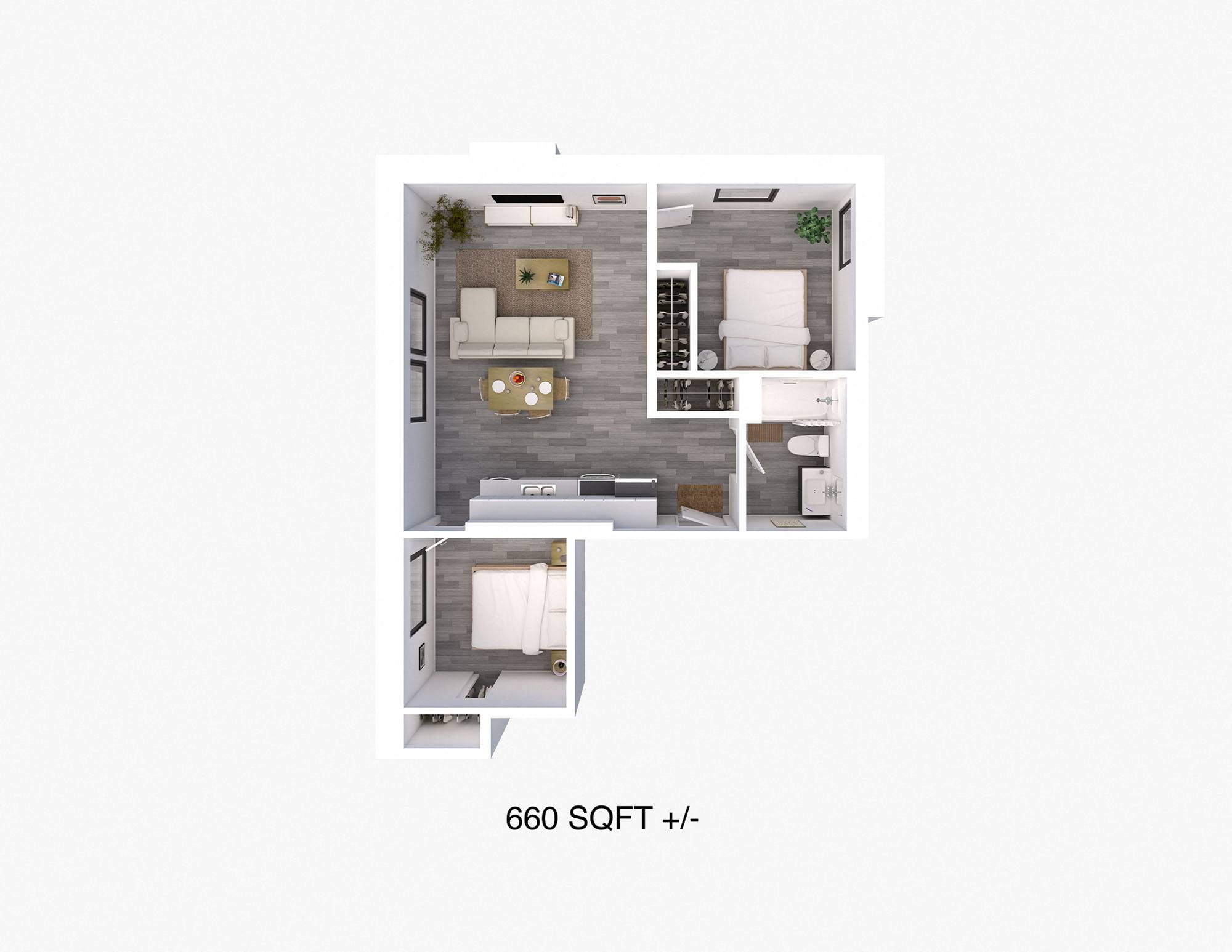 Floor plan for 2 beds, 1 bath, 677 sqft