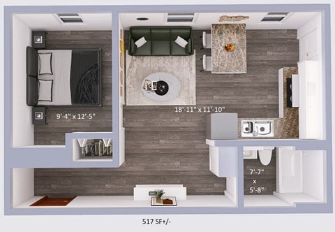 Floor plan for 1 bed, 1 bath, 460 sqft
