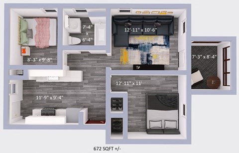 Floor plan for 2 beds, 1 bath, 774 sqft