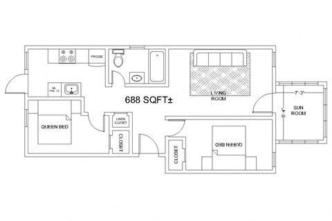 Floor plan for 2 beds, 1 bath, 688 sqft