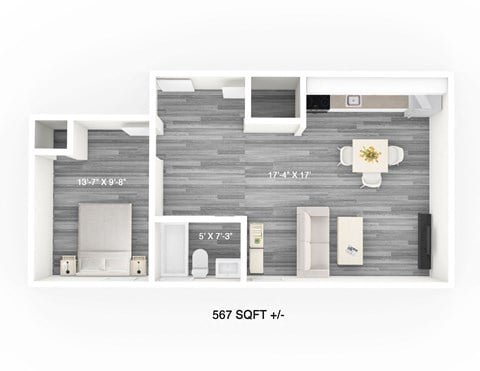 Floor plan for 1 bed, 1 bath, 461 sqft