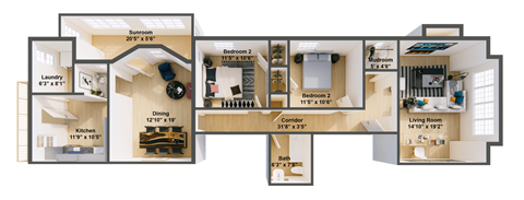 Floor plan for 2 beds, 1 bath, 1538 sqft