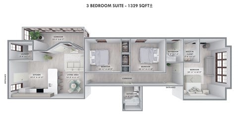 Floor plan for 3 beds, 1 bath, 1329 sqft