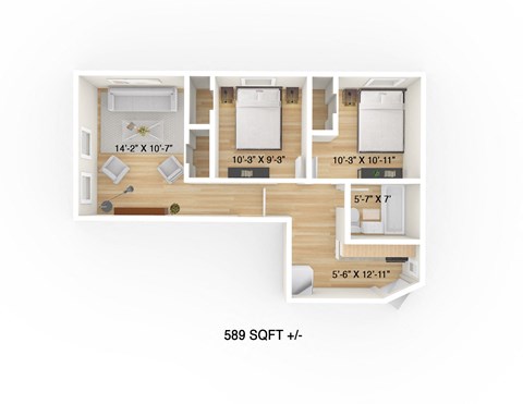 Floor plan for 2 beds, 1 bath, 589 sqft