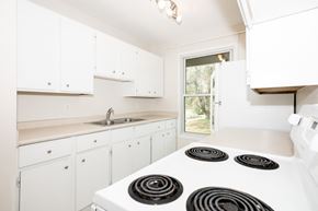 Winnipeg apartment for rent - A white kitchen with a stove top oven.