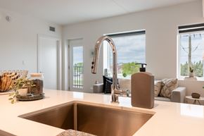 Winnipeg apartment for rent - A modern kitchen with a copper sink and a view of the outdoors through the window.