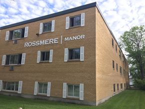 Winnipeg apartment for rent - Front view of Rossmere Manor building at 359 Edison Avenue with large windows and brick exterior.