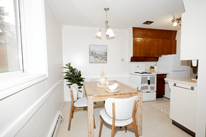 Winnipeg apartment for rent - A dining table with chairs and a potted plant in a kitchen.