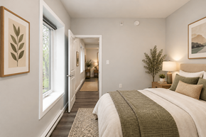 Winnipeg apartment for rent - A bedroom with a large bed and a painting on the wall.