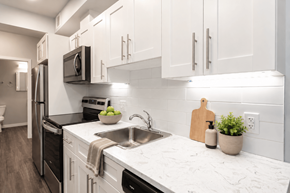 Winnipeg apartment for rent - A kitchen with white cabinets and a marble countertop.