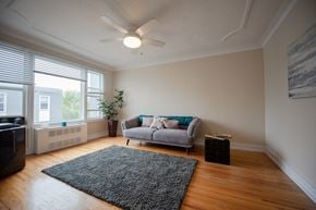 Winnipeg apartment for rent - A living room with a grey couch and a black rug.