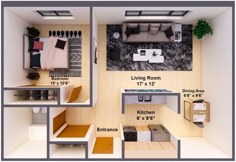 Floor plan for 1 bed, 1 bath, 600 sqft