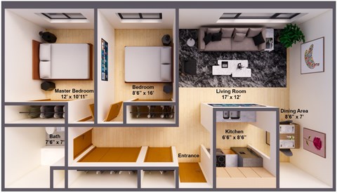 Floor plan for 2 beds, 1 bath, 775 sqft