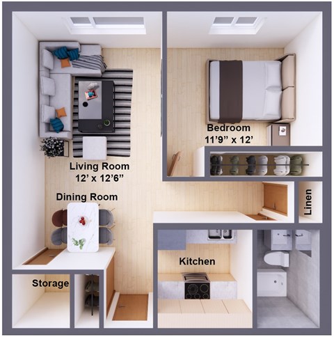 Floor plan for 1 bed, 1 bath, 555 sqft