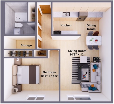 Floor plan for 1 bed, 1 bath, 580 sqft
