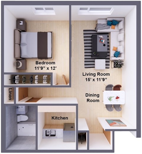 Floor plan for 1 bed, 1 bath, 530 sqft