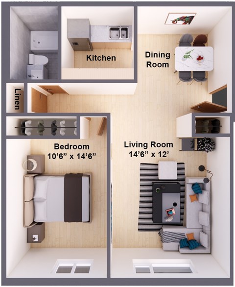 Floor plan for 1 bed, 1 bath, 635 sqft