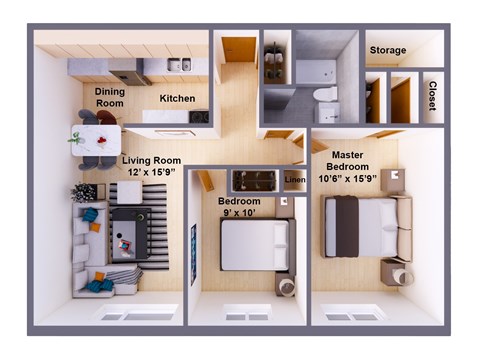 Floor plan for 2 beds, 1 bath, 750 sqft