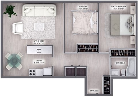 Floor plan for 2 beds, 1 bath, 803 sqft