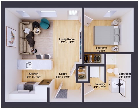 Floor plan for 1 bed, 1 bath, 535 sqft