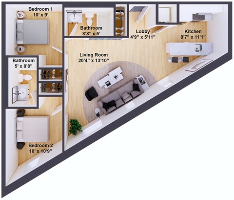Floor plan for 2 beds, 2 baths, 825 sqft