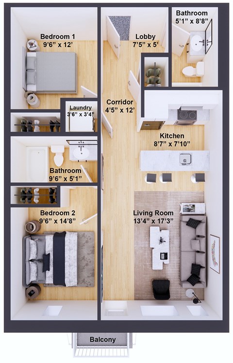 Floor plan for 2 beds, 2 baths, 825 sqft