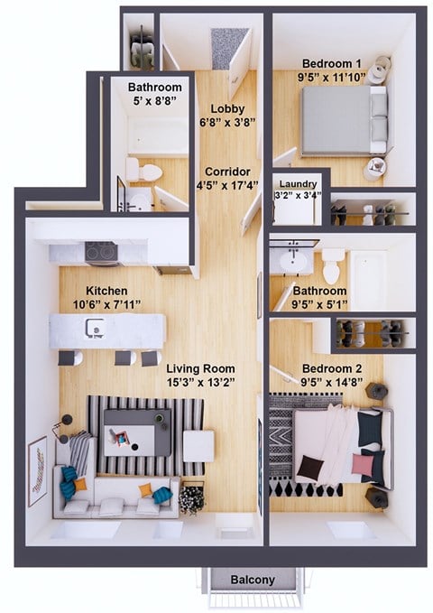 Floor plan for 2 beds, 2 baths, 825 sqft