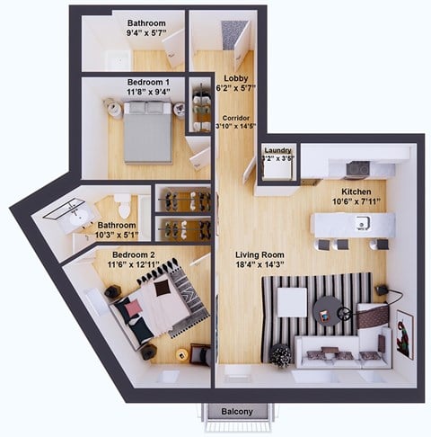 Floor plan for 2 beds, 2 baths, 875 sqft